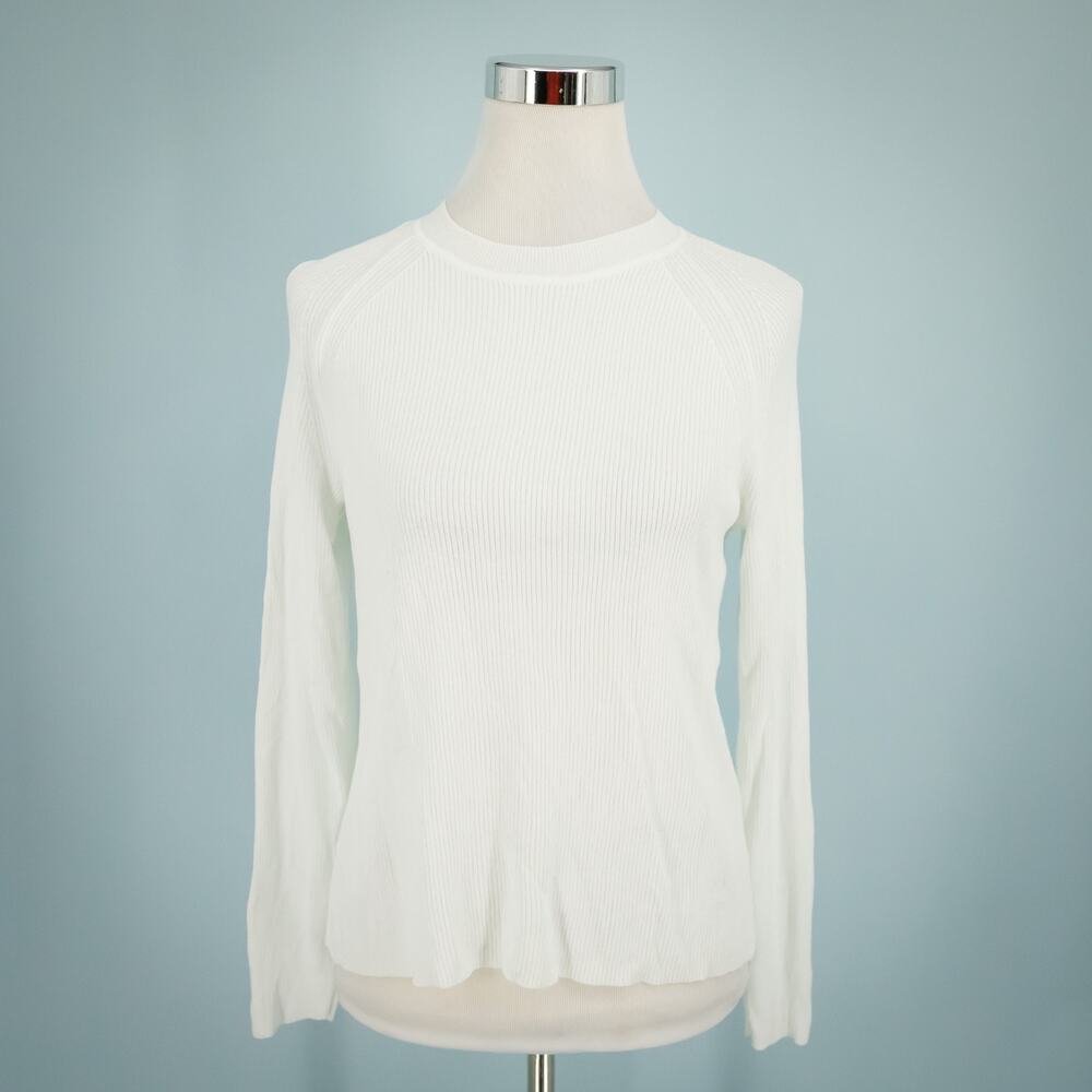 Eileen Fisher Size Small S White System Ribbed Knit Crew Long Sleeve Top Blouse